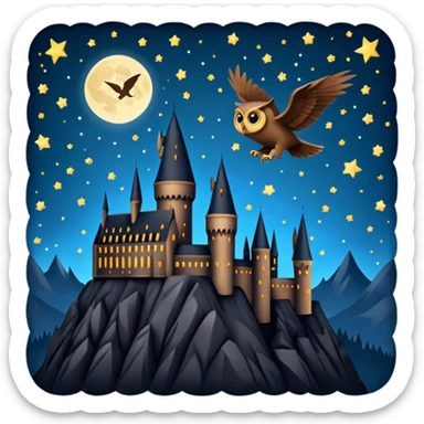 hogwarts castle on a starry night and owl flying in the air silhouette  sticker
