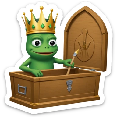 Emoji of an empty wooden coffin with its lid on top, the word ‘ECHO’ carved into the lid. The coffin is shown from the outside. A king-like Pepe the Frog, standing outside the coffin, is hammering nails into the lid to seal it shut. No character is inside the coffin. Not a treasure chest. sticker