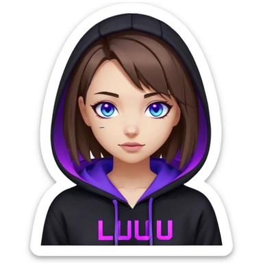 brown haired girl with a bob blue eyes wearing black hoody with violet letters "Lu", winks. Cyberpunk style. Violet neon. sticker