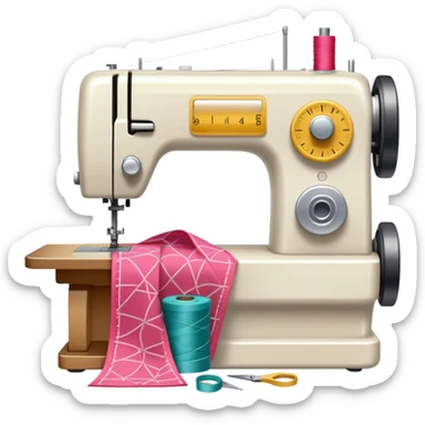 Sewing icon, measuring tape, pins, scissors, and a dress in progress, sewing machine with thread, visible needle, spools of thread, fabric pieces cut according to patterns, minimalistic style, clean lines, transparent background. sticker