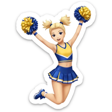 Cheerleader jumping with pom poms and a blue and yellow uniform  sticker