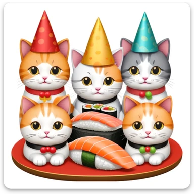Cats gathered around sushi at a birthday party sticker