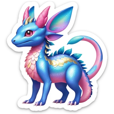 Colorful Iridescent Exotic Amaura-Salandit-Aurorus-Sylveon-Fakémon-hybrid-creature (full body)  sticker