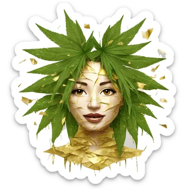  Hemp 420 lady face melting gold drizzle kintsugi palm leaves tropical made of 420 origami newspaper roses hemp leaves lantern fairy lights burning paper and hemp leaves in hair sticker