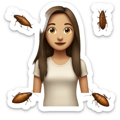a slightly tan brown haired girl standing next to a roach  sticker