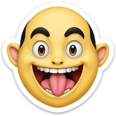Freaky yellow face emoji smiling really big with huge tongue out and eyes wide open. Tongue should is wagging back and forth. Give him a head of black hair sticker