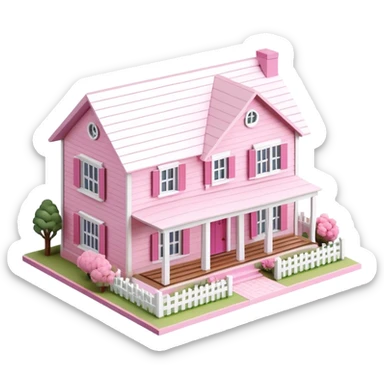modern farmhouse dollhouse, 3d isometric, pink and white sticker