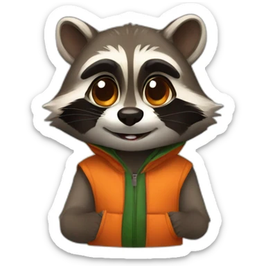 a small brown raccoon with orange eyes with a dark green hood that laugh sticker