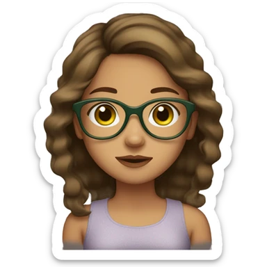 A girl with brown hair , big green eyes , clear frame glasses and olive skin tone , pursing lips  sticker