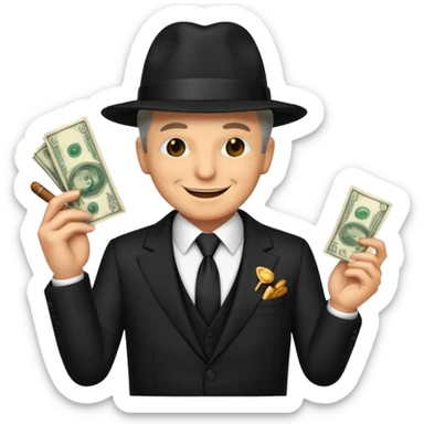 "Emoji of a powerful mafia boss, inspired by classic gangster movies, wearing a stylish white or black suit, holding a cigar and surrounded by money." sticker
