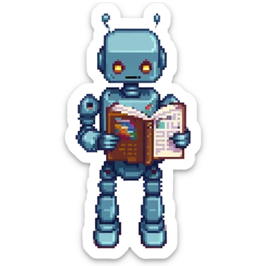 newsletter about AI, featuring a robot reading news in pixel art style sticker