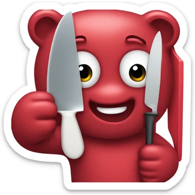 A red gummy bear holding a plastic knife sticker