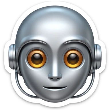 A cute futuristic robot emoji made of silver chrome, rounded friendly body, minimal facial features, glossy metallic surface, soft reflections, iOS emoji style, centered, clean white background sticker