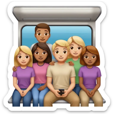 five people, diverse genders, smiling and sitting together in a subway car inspired by Apple emoji subway, colorful exterior, all wearing light-colored t-shirts, Apple emoji style sticker