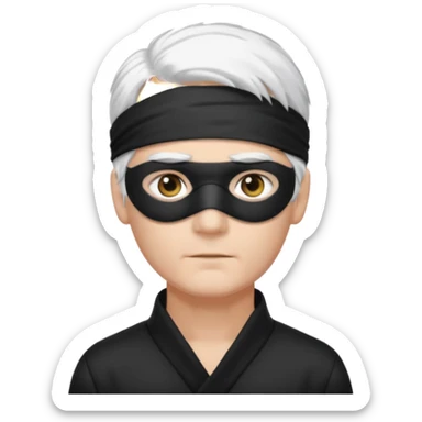 A guy with standing white hair and a black blindfold sticker