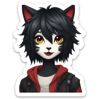 Anthro Edgy Cool Beautiful Black Cat-Fursona with Emo Hair-bangs with Red Streaks sticker