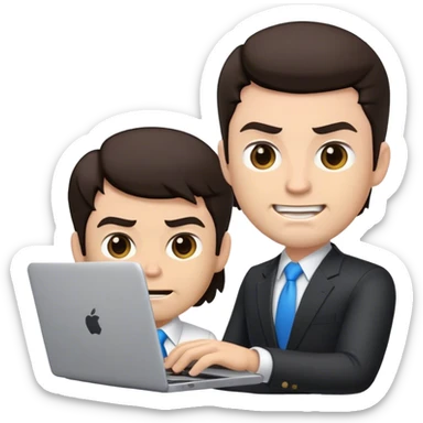 memoji of a white male realtor with a laptop in front, modern, dark hair, angry smile sticker