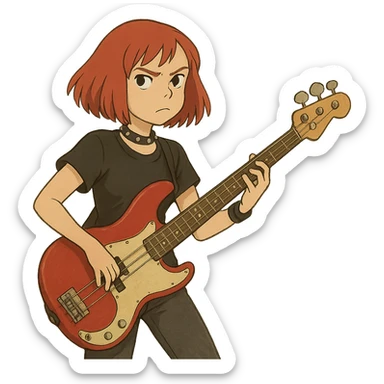 rock girl with red hair and red bass guitar, long bob hairstyle, punk attitude sticker