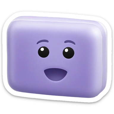 Slippery is a mostly light lavender rectangular bar of soap that has rounded edges, a smaller-shaped dent in the front and back, and a pair of arms with three fingers on each hand sticker