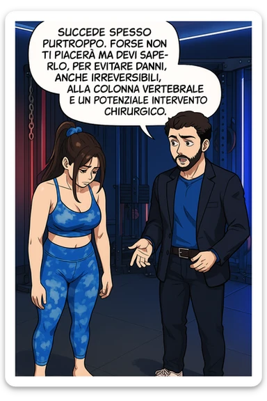 fai questa immagine in versione fumetto/manga/webtoon a colori, il manga mostra l'uomo che risponde alla donne:
Succede spesso purtroppo. 
Forse non ti piacerà ma devi saperlo, per evitare danni, anche irreversibili, alla colonna vertebrale e un potenziale intervento chirurgico. sticker
