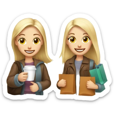 Two Russian best friends shopping together with bags with coffee  sticker