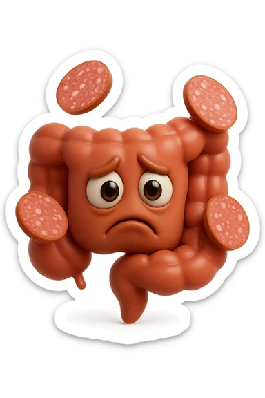 emoji stile iphone in 3d di un intestino triste con fette di carne che gli fluttuano intorno, gli occhi falli con la parte bianca pure, iperrealistico 4k sticker