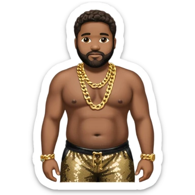 Gerald Levert with dark brown hair, black sequin baggy pants, shirtless with necklace sticker