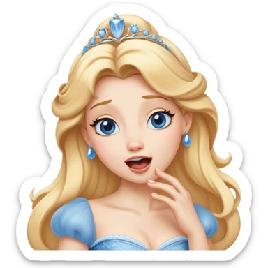 Cinematic Realistic Yawning Cinderella Portrait, showcasing lifelike porcelain skin and intricately detailed golden-blonde hair styled flawlessly as she mid-yawn reveals a moment of tender vulnerability. Her half-closed blue eyes and relaxed expression are rendered with natural, soft lighting that emphasizes the subtle textures of her face and the detailed, flowing fabric of her iconic gown. The scene glows with a cozy, authentic warmth that captures a rare, intimate moment of repose. sticker