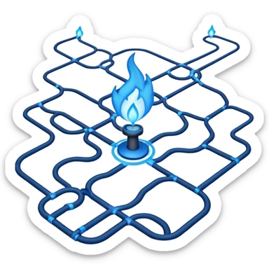a map with a glowing blue flame on the x and networking paths sticker