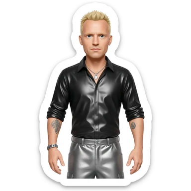 Chester Bennington with blonde hair, black metallic shirt, grey metallic baggy pants, silver necklace sticker