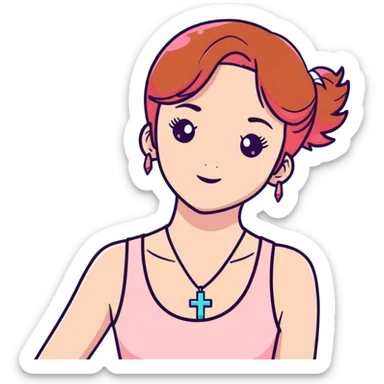 Auburn ginger haired girl with eyelashes wearing a cross necklace and a light coral pink tank top sticker