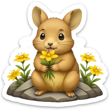small round mountain pika on all fours, holding flowers in its mouth sticker