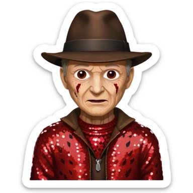 Freddy Krueger with tan burned skin, red sequin sweater, dark brown sequin jacket and hat sticker
