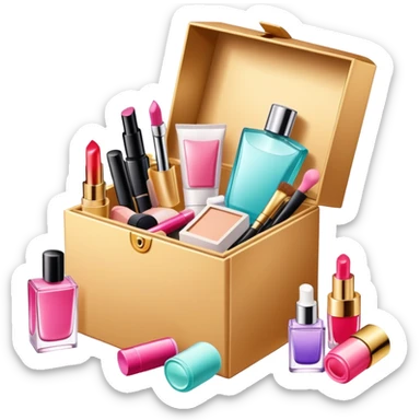 an opened box with various beauty items spilling out, including makeup, skincare, and perfume sticker