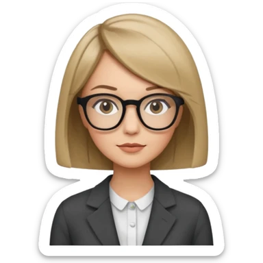 woman dark blonde petite bob haircut wears dark squarish glasses, classic clothes sticker