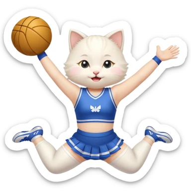 A chubby white kitten cheerleader in pastel uniform jumping in cheer pose. sticker