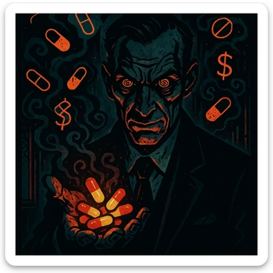 Close-up of a sinister man in a sharp suit holding glowing pills, hypnotic gaze, swirling pharmaceutical symbols and dollar signs in dark smoke, gothic neon-lit background, cinematic lighting, hyper-detailed, Mike Mignola and cyber-noir style. sticker