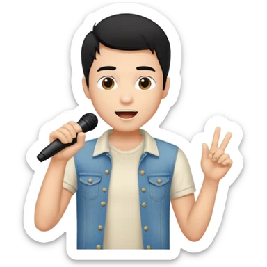 Handsome young man with black hair singing karaoke wearing an ivory t-shirt and denim shorts. sticker