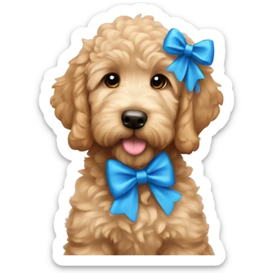 Goldendoodle puppy with blue bow sticker