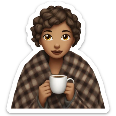 beautiful girl short hair wrapped in cozy plaid blanket with coffee sticker