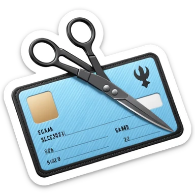 Floating black Scissors cutting a light blue military ID card in 2 parts .hyper realistic sticker