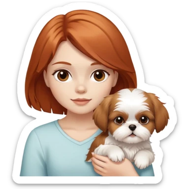 a red-haired girl with brown eyes holding a white and caramel-colored shih tzu puppy sticker