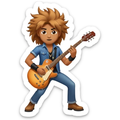 Super strong rockstar on the guitar while being shined on by a massive spotlight with his hair blowing and a cool aura sticker