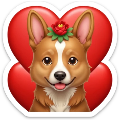 Short haired Belgian Dog with a flowerband on head is jumping on a heart sticker