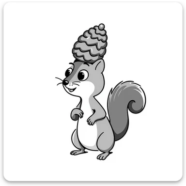 A greedy little squirrel with a large pine cone balanced on top of its head, making a strange, creepy expression sticker