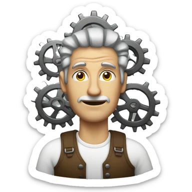 a man with a huge cog sticker