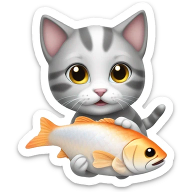 Cute kitten white and grey eat fish sticker