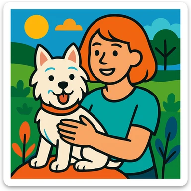 Change the woman's hairstyle to a short bob, keep the vibrant and friendly scene with the Westie dog. sticker