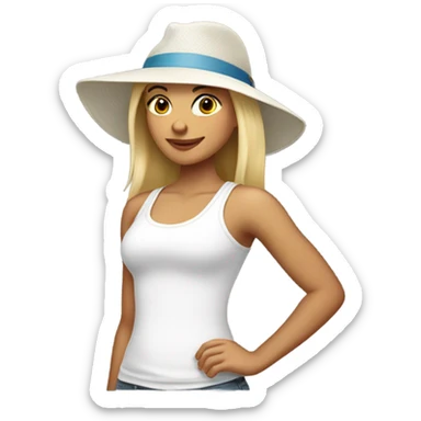 Blonde girl in white tank top with a hat sticker