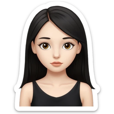 Cabelos pretos longos lisos ,olhos castanhos escuros puxadinho para cima com cílios grandes Pele clara ,nariz pequeno ,lábios mais carnudos ,adolescente 16 anos , com vestido de alinhamento sticker